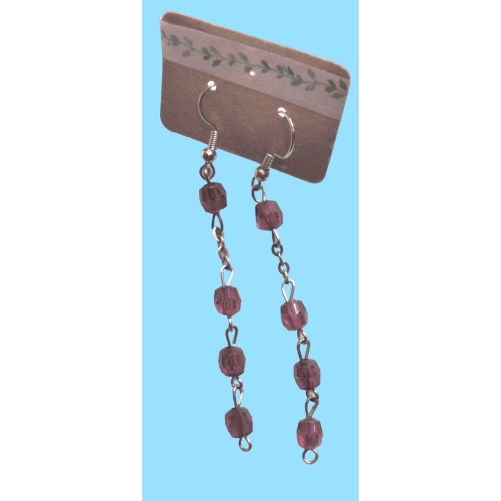 Red Silver Rosary Bead Earrings  Earrings Hook Drop Dangle USA Vintage glass Bea